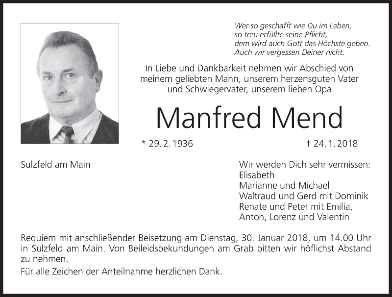 Traueranzeige für Manfred Mend vom 27.01.2018 aus MGO