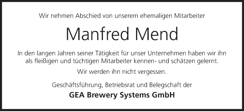  Traueranzeige für Manfred Mend vom 31.01.2018 aus MGO