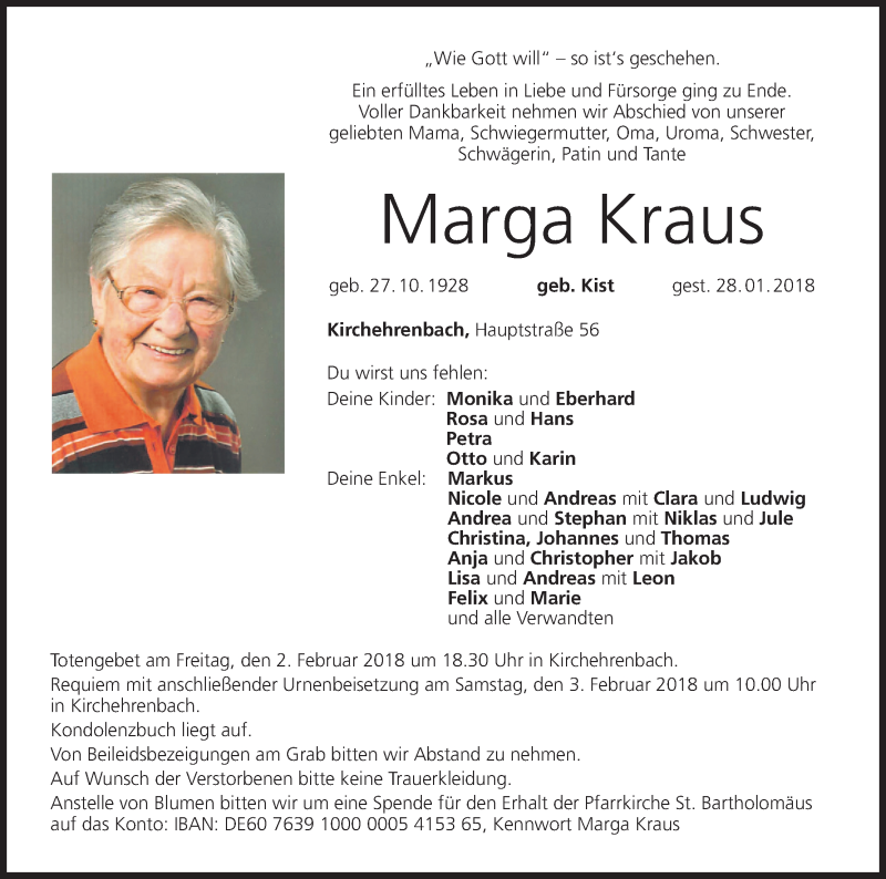 Traueranzeige für Marga Kraus vom 31.01.2018 aus MGO