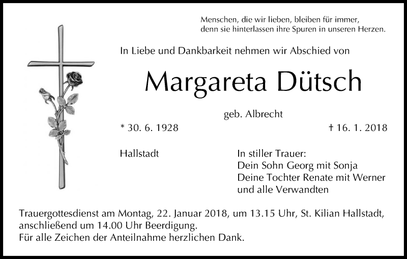  Traueranzeige für Margareta Dütsch vom 19.01.2018 aus MGO