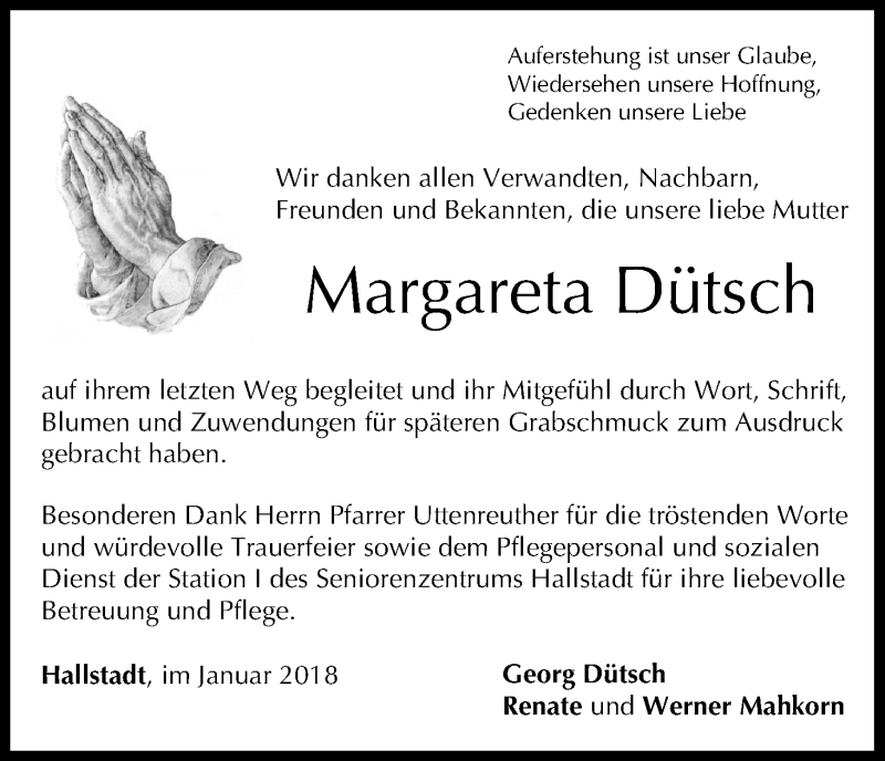  Traueranzeige für Margareta Dütsch vom 27.01.2018 aus MGO
