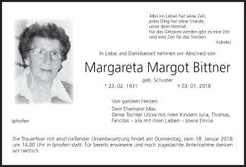 Anzeige von Margareta Margot Bittner von MGO