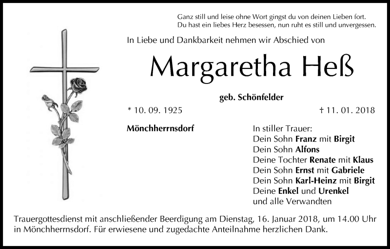  Traueranzeige für Margaretha Heß vom 13.01.2018 aus MGO