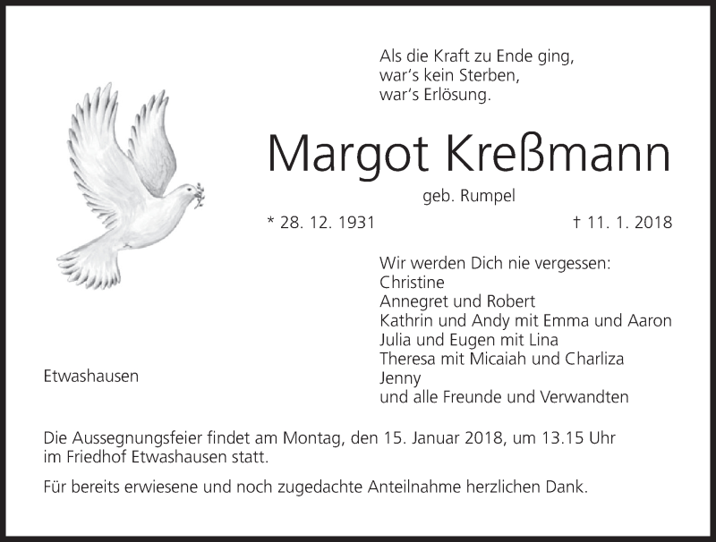  Traueranzeige für Margot Kreßmann vom 13.01.2018 aus MGO