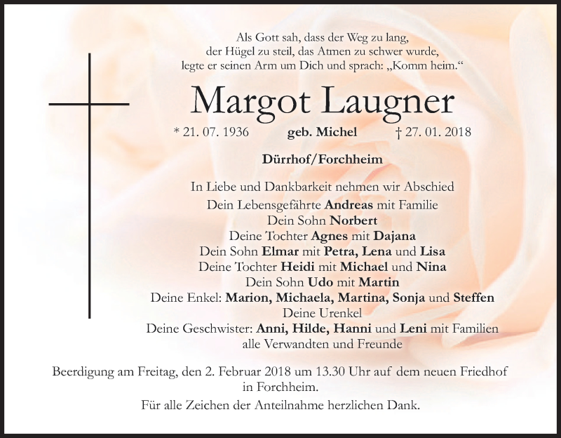  Traueranzeige für Margot Laugner vom 30.01.2018 aus MGO