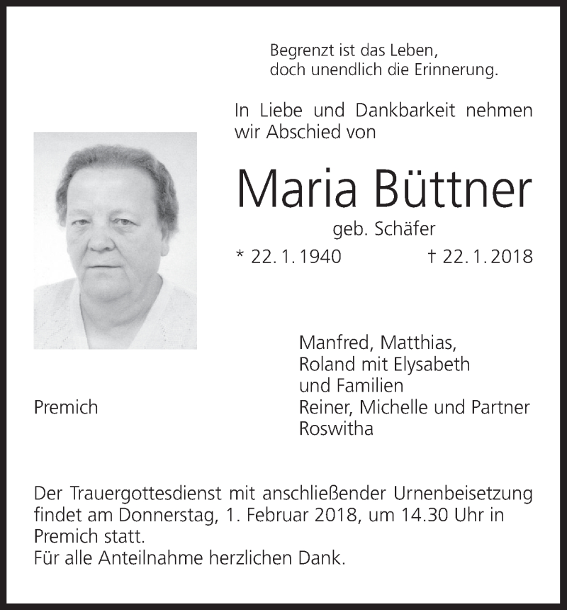  Traueranzeige für Maria Büttner vom 27.01.2018 aus MGO