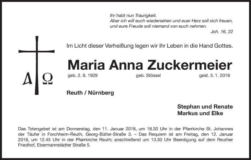  Traueranzeige für Maria Anna Zuckermeier vom 09.01.2018 aus MGO