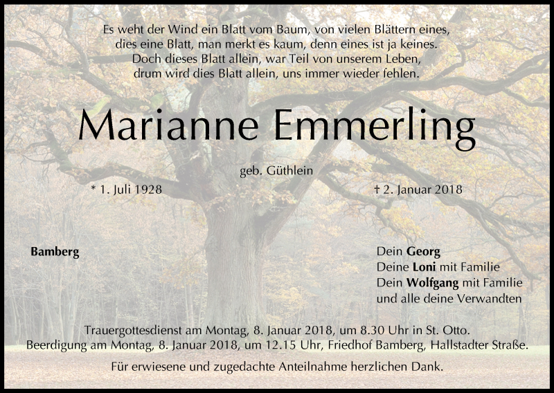  Traueranzeige für Marianne Emmerling vom 05.01.2018 aus MGO