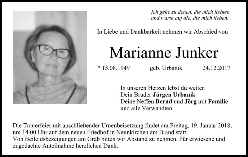  Traueranzeige für Marianne Junker vom 16.01.2018 aus MGO