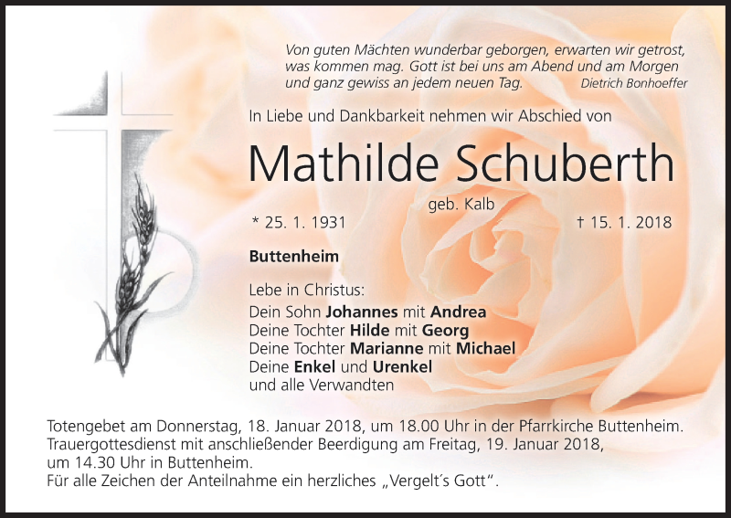  Traueranzeige für Mathilde Schuberth vom 17.01.2018 aus MGO