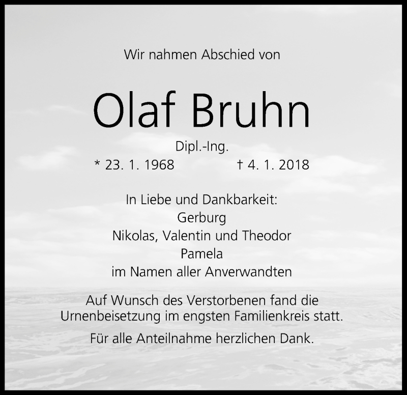  Traueranzeige für Olaf Bruhn vom 27.01.2018 aus MGO