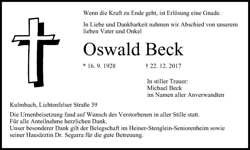  Traueranzeige für Oswald Beck vom 20.01.2018 aus MGO