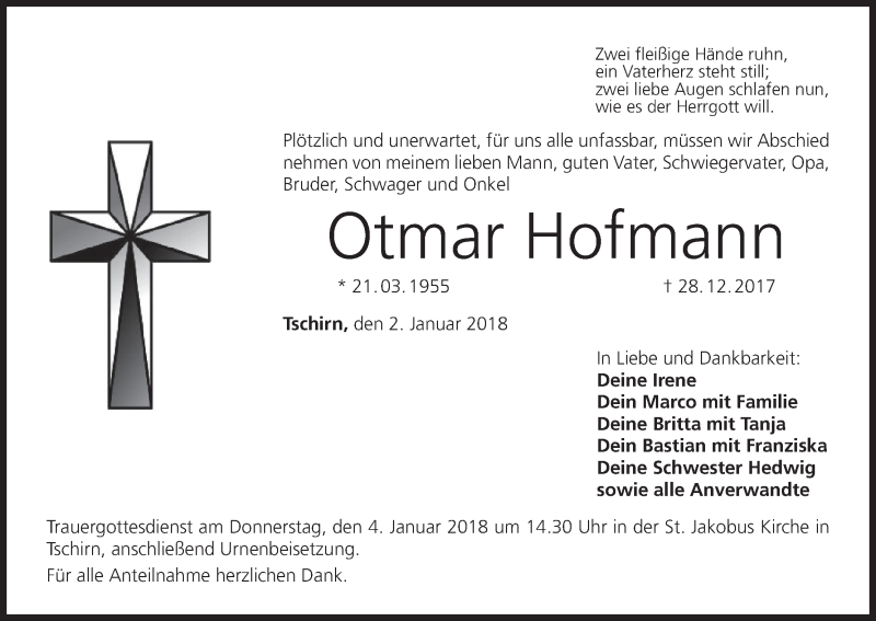  Traueranzeige für Otmar Hofmann vom 02.01.2018 aus MGO