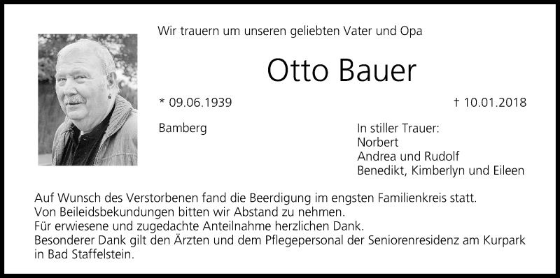  Traueranzeige für Otto Bauer vom 20.01.2018 aus MGO
