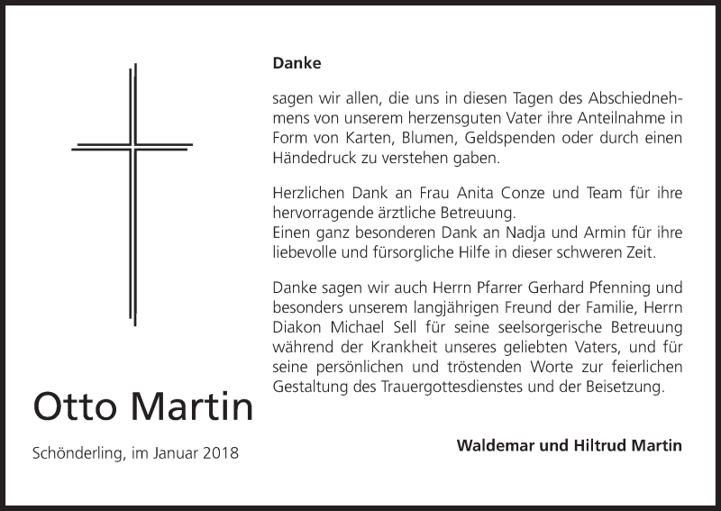  Traueranzeige für Otto Martin vom 20.01.2018 aus MGO
