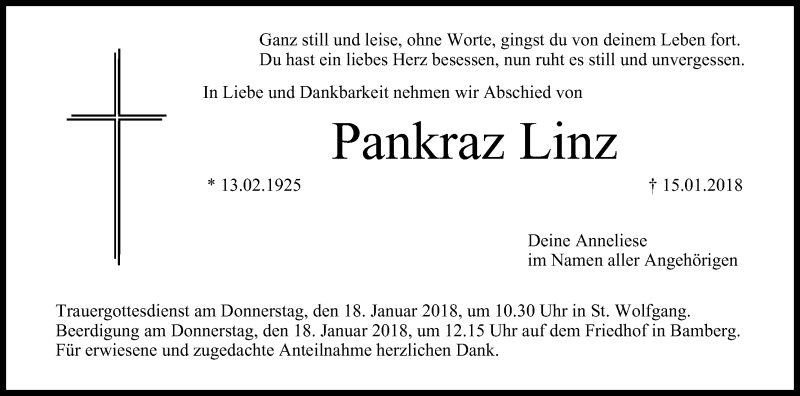  Traueranzeige für Pankraz Linz vom 17.01.2018 aus MGO