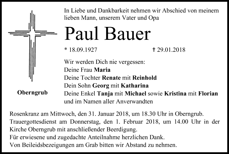  Traueranzeige für Paul Bauer vom 30.01.2018 aus MGO