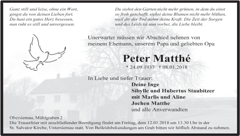  Traueranzeige für Peter Matthe vom 11.01.2018 aus MGO