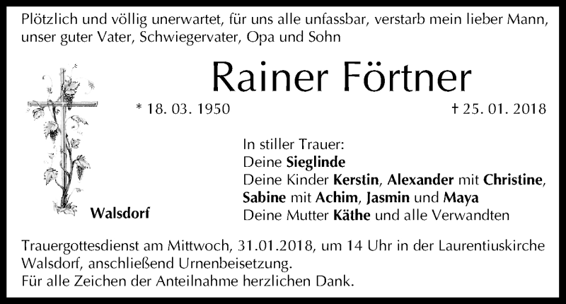  Traueranzeige für Rainer Förtner vom 27.01.2018 aus MGO
