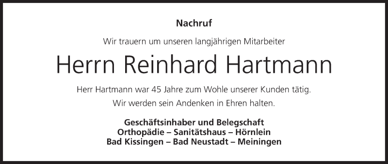  Traueranzeige für Reinhard Hartmann vom 13.01.2018 aus MGO