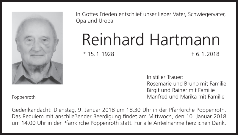  Traueranzeige für Reinhard Hartmann vom 08.01.2018 aus MGO