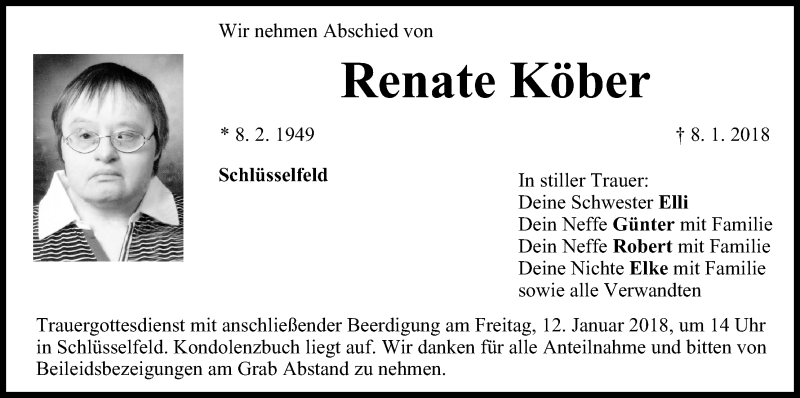  Traueranzeige für Renate Köber vom 10.01.2018 aus MGO