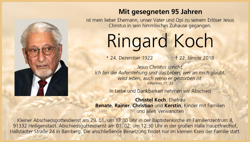  Traueranzeige für Ringard Koch vom 27.01.2018 aus MGO