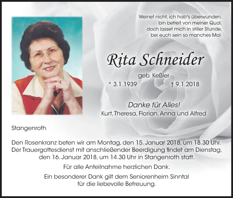  Traueranzeige für Rita Schneider vom 13.01.2018 aus MGO