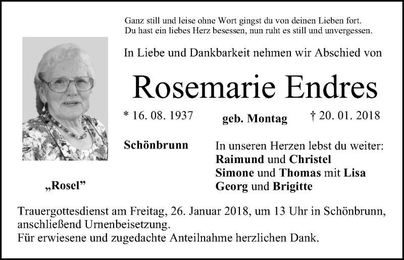  Traueranzeige für Rosemarie Endres vom 23.01.2018 aus MGO