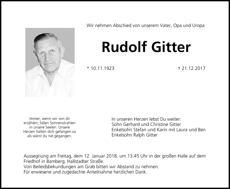  Traueranzeige für Rudolf Gitter vom 10.01.2018 aus MGO
