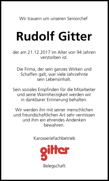 Anzeige von Rudolf Gitter von MGO