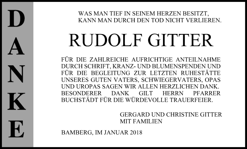  Traueranzeige für Rudolf Gitter vom 27.01.2018 aus MGO