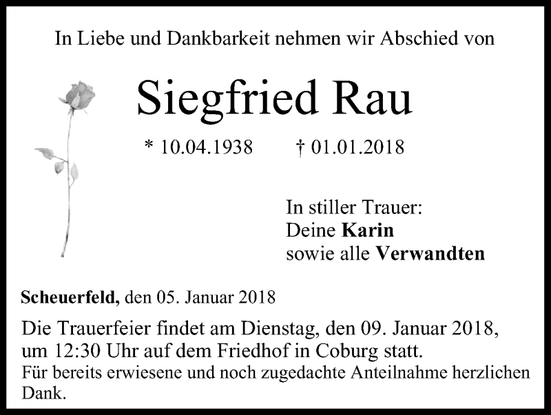  Traueranzeige für Siegfried Rau vom 05.01.2018 aus MGO