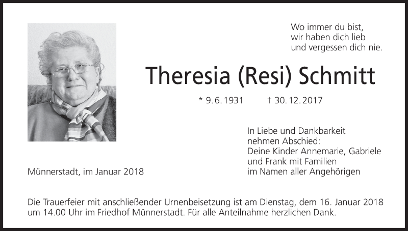  Traueranzeige für Theresia Schmitt vom 13.01.2018 aus MGO