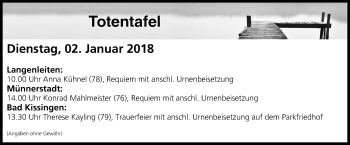 Anzeige von Totentafel vom 02.01.2018 von MGO