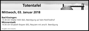 Anzeige von Totentafel vom 03.01.2018 von MGO
