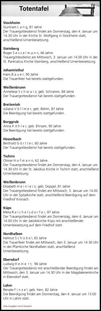  Traueranzeige für Totentafel vom 03.01.2018 vom 03.01.2018 aus MGO