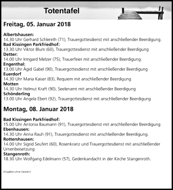 Anzeige von Totentafel vom 05.01.2018 von MGO