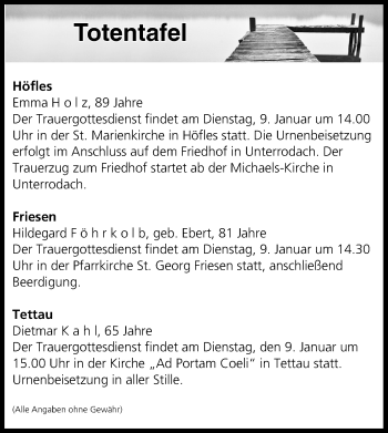 Anzeige von Totentafel vom 08.01.2018 von MGO