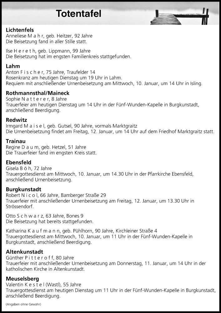  Traueranzeige für Totentafel vom 09.01.2018 vom 09.01.2018 aus MGO