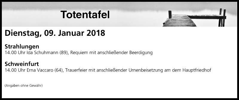  Traueranzeige für Totentafel vom 09.01.2018 vom 09.01.2018 aus MGO