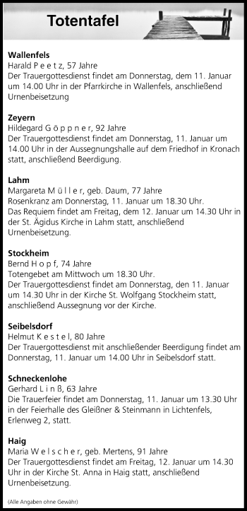 Anzeige von Totentafel vom 10.01.2018 von MGO