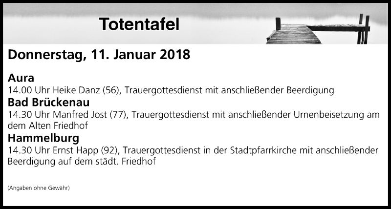  Traueranzeige für Totentafel vom 11.01.2018 vom 11.01.2018 aus MGO