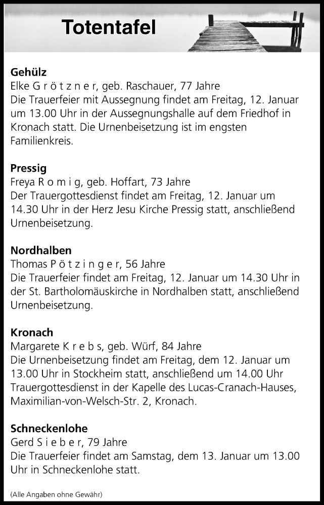  Traueranzeige für Totentafel vom 11.01.2018 vom 11.01.2018 aus MGO