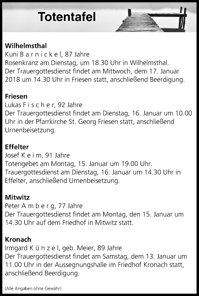  Traueranzeige für Totentafel vom 13.01.2018 vom 13.01.2018 aus MGO