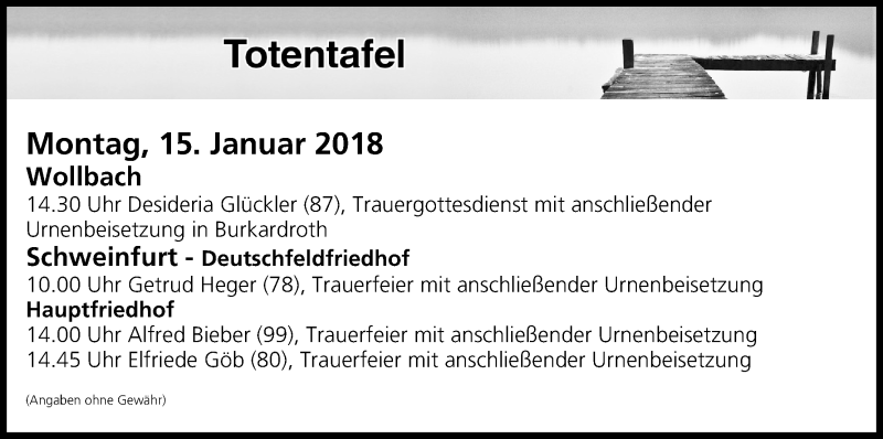  Traueranzeige für Totentafel vom 15.01.2018 vom 15.01.2018 aus MGO