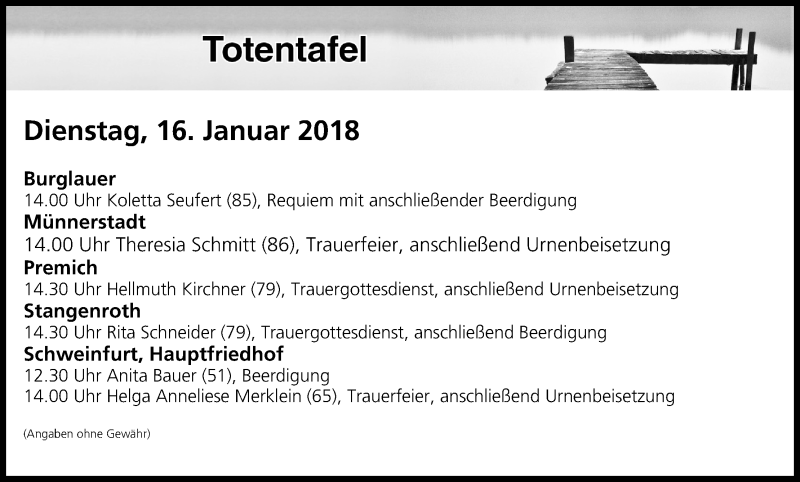  Traueranzeige für Totentafel vom 16.01.2018 vom 16.01.2018 aus MGO