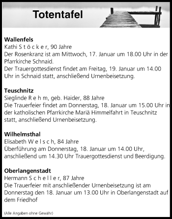 Anzeige von Totentafel vom 17.01.2018 von MGO