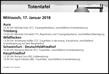 Anzeige von Totentafel vom 17.01.2018 von MGO