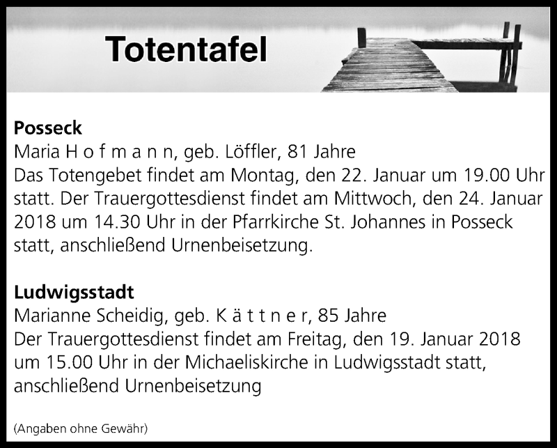  Traueranzeige für Totentafel vom 18.01.2018 vom 18.01.2018 aus MGO